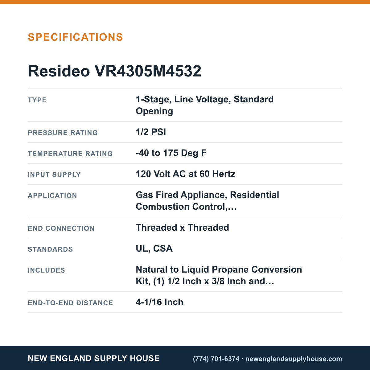Resideo - Honeywell Home VR4305M4532 Combination Gas Control Valve specifications — New England Supply House [NESH-SPECTABLE-V1]