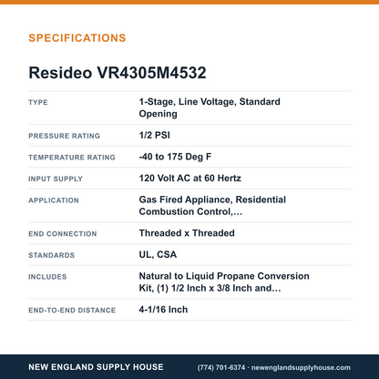 Resideo - Honeywell Home VR4305M4532 Combination Gas Control Valve specifications — New England Supply House [NESH-SPECTABLE-V1]