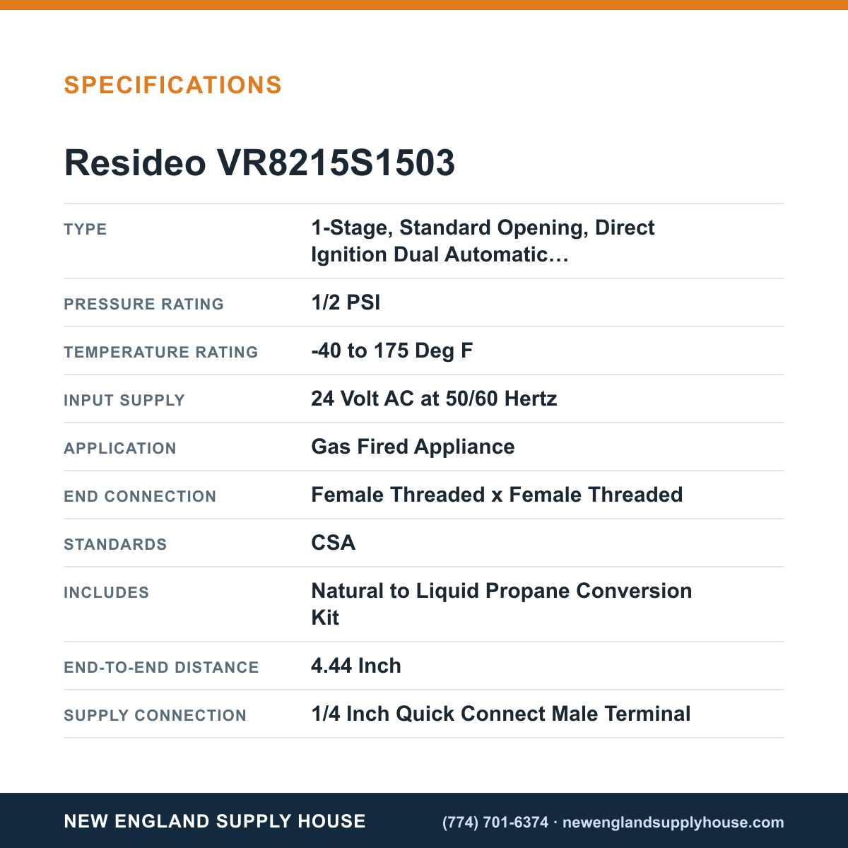 Resideo - Honeywell Home VR8215S1503 Combination Gas Control Valve specifications — New England Supply House [NESH-SPECTABLE-V1]