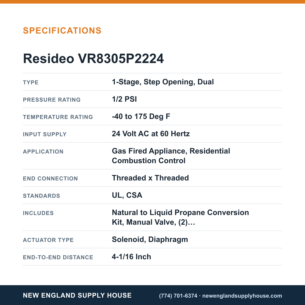 Resideo - Honeywell Home VR8305P2224 Combination Gas Control Valve specifications — New England Supply House [NESH-SPECTABLE-V1]