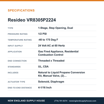 Resideo - Honeywell Home VR8305P2224 Combination Gas Control Valve specifications — New England Supply House [NESH-SPECTABLE-V1]