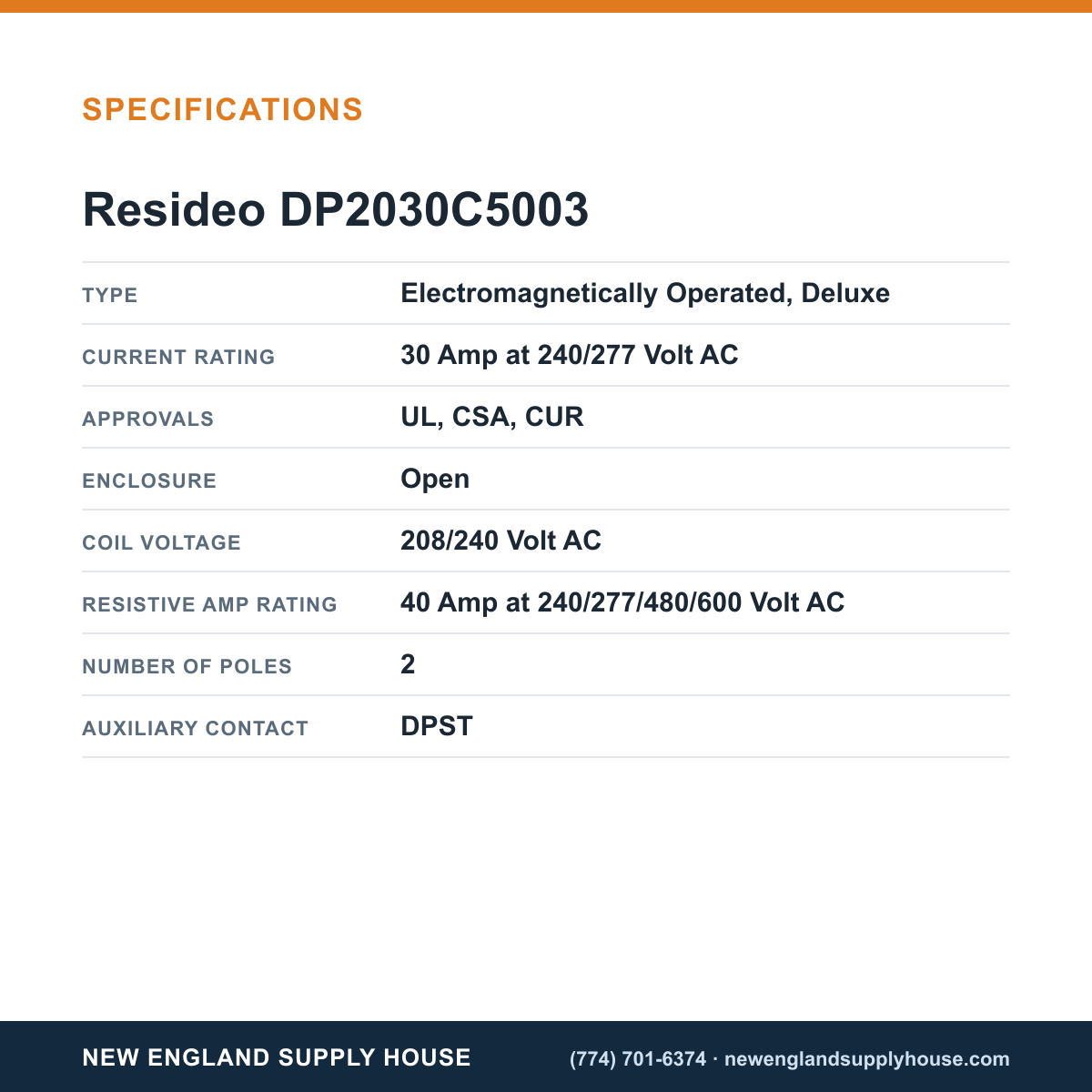 Resideo - Honeywell Home DP2030C5003 Definite Purpose Contactor specifications — New England Supply House [NESH-SPECTABLE-V1]