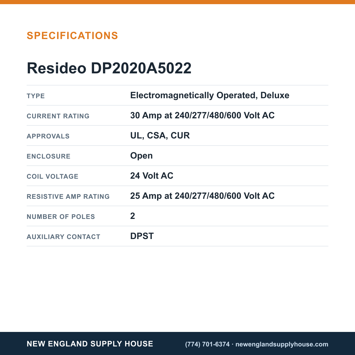 Resideo - Honeywell Home DP2020A5022 Definite Purpose Contactor specifications — New England Supply House [NESH-SPECTABLE-V1]