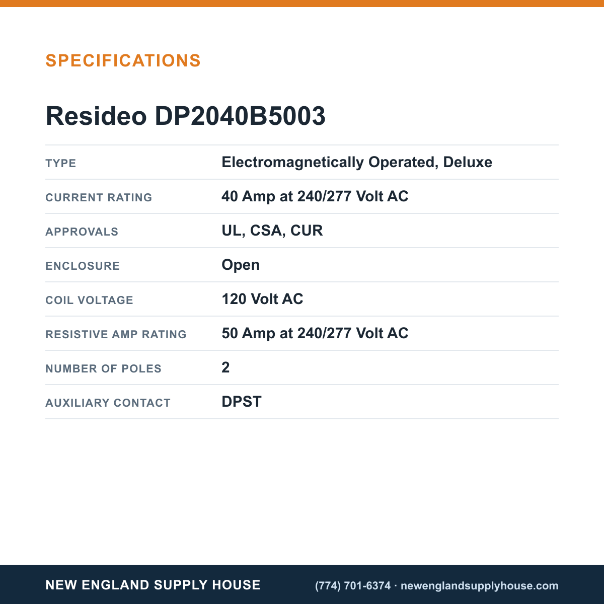 Resideo - Honeywell Home DP2040B5003 Definite Purpose Contactor specifications — New England Supply House [NESH-SPECTABLE-V1]
