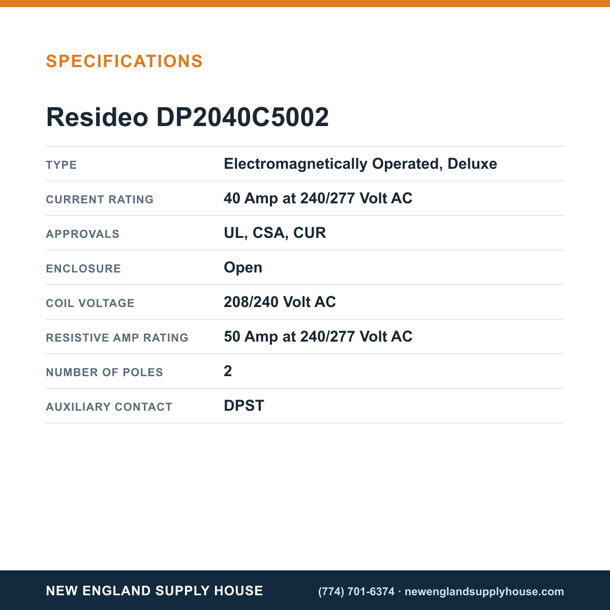Resideo - Honeywell Home DP2040C5002 Definite Purpose Contactor specifications — New England Supply House [NESH-SPECTABLE-V1]