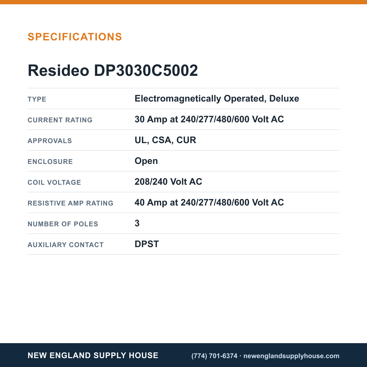 Resideo - Honeywell Home DP3030C5002 Definite Purpose Contactor specifications — New England Supply House [NESH-SPECTABLE-V1]