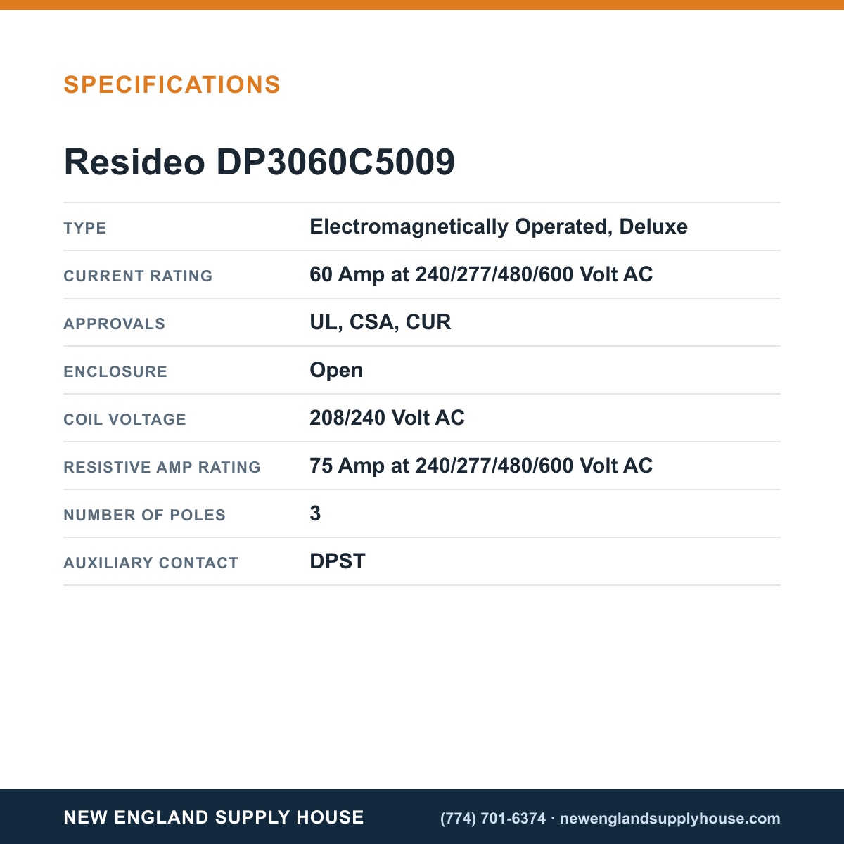 Resideo - Honeywell Home DP3060C5009 Definite Purpose Contactor specifications — New England Supply House [NESH-SPECTABLE-V1]