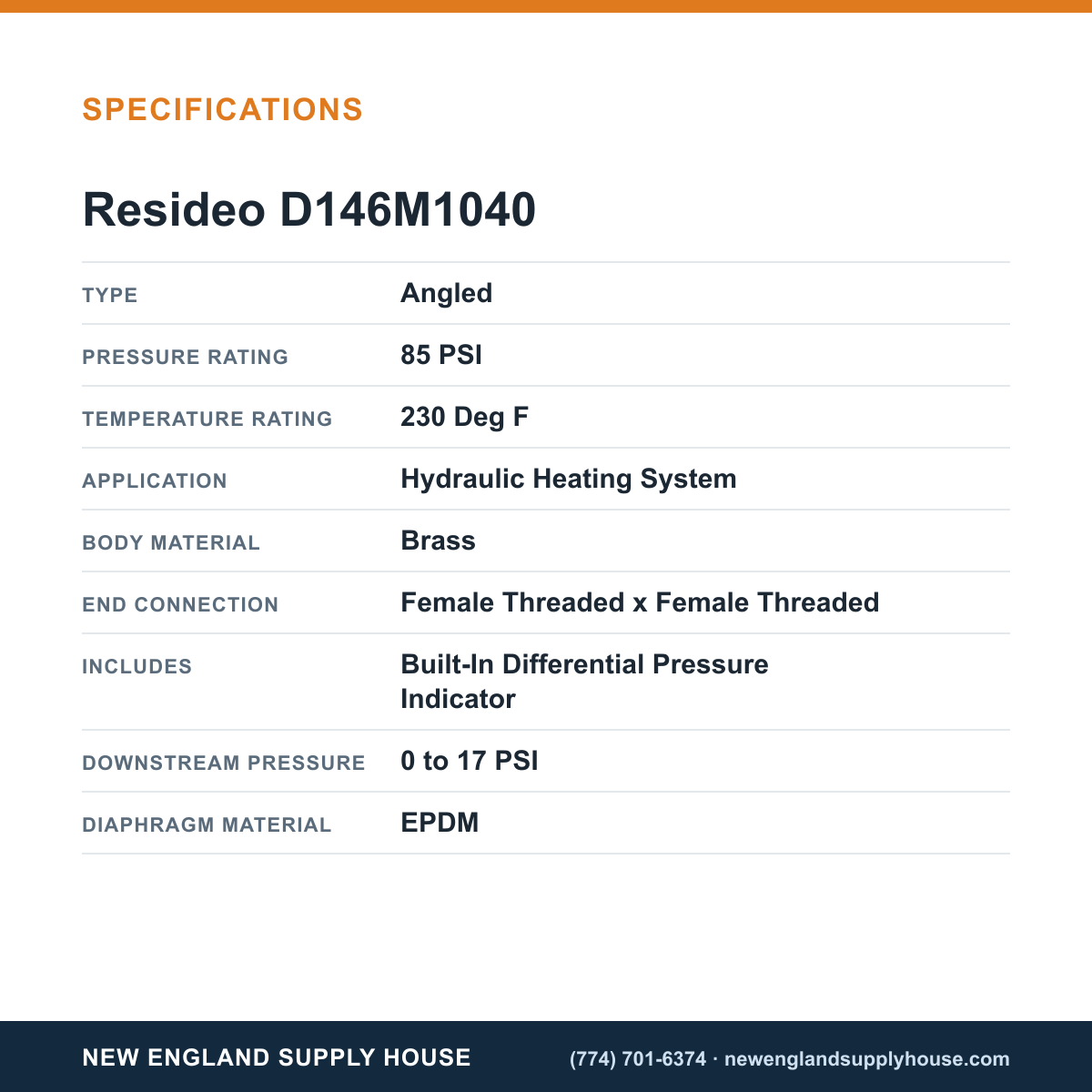 Resideo - Honeywell Home D146M1040 Differential Pressure Regulator Valve specifications — New England Supply House [NESH-SPECTABLE-V1]
