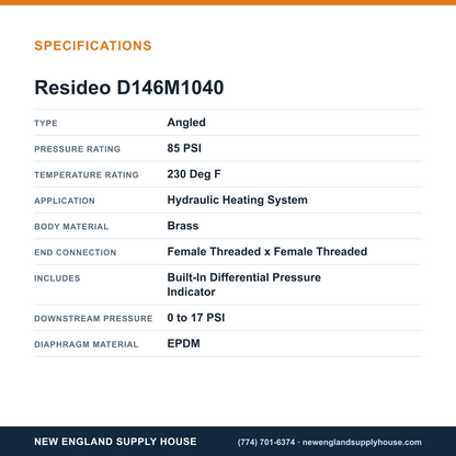 Resideo - Honeywell Home D146M1040 Differential Pressure Regulator Valve specifications — New England Supply House [NESH-SPECTABLE-V1]