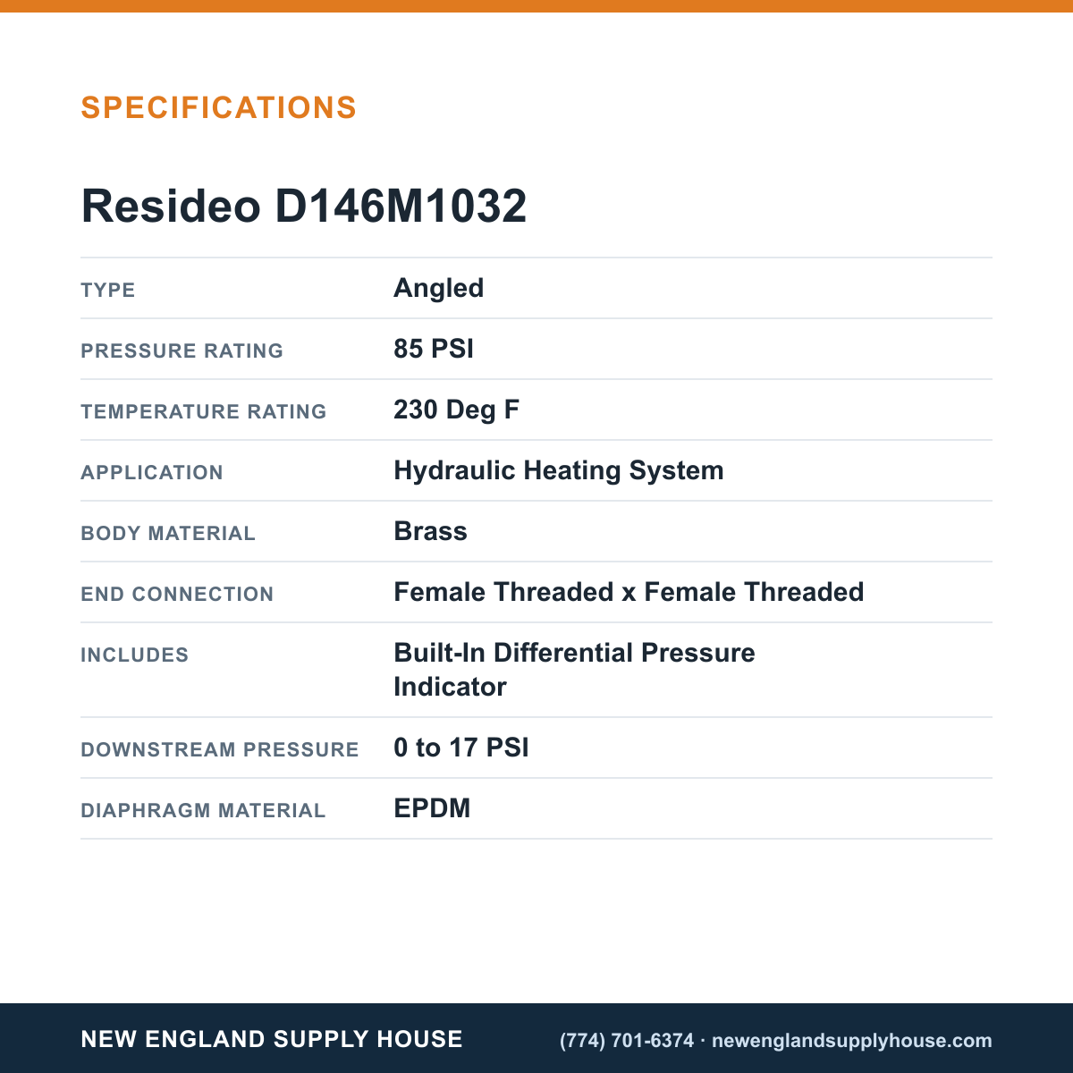 Resideo - Honeywell Home D146M1032 Differential Pressure Regulator Valve specifications — New England Supply House [NESH-SPECTABLE-V1]