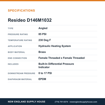 Resideo - Honeywell Home D146M1032 Differential Pressure Regulator Valve specifications — New England Supply House [NESH-SPECTABLE-V1]