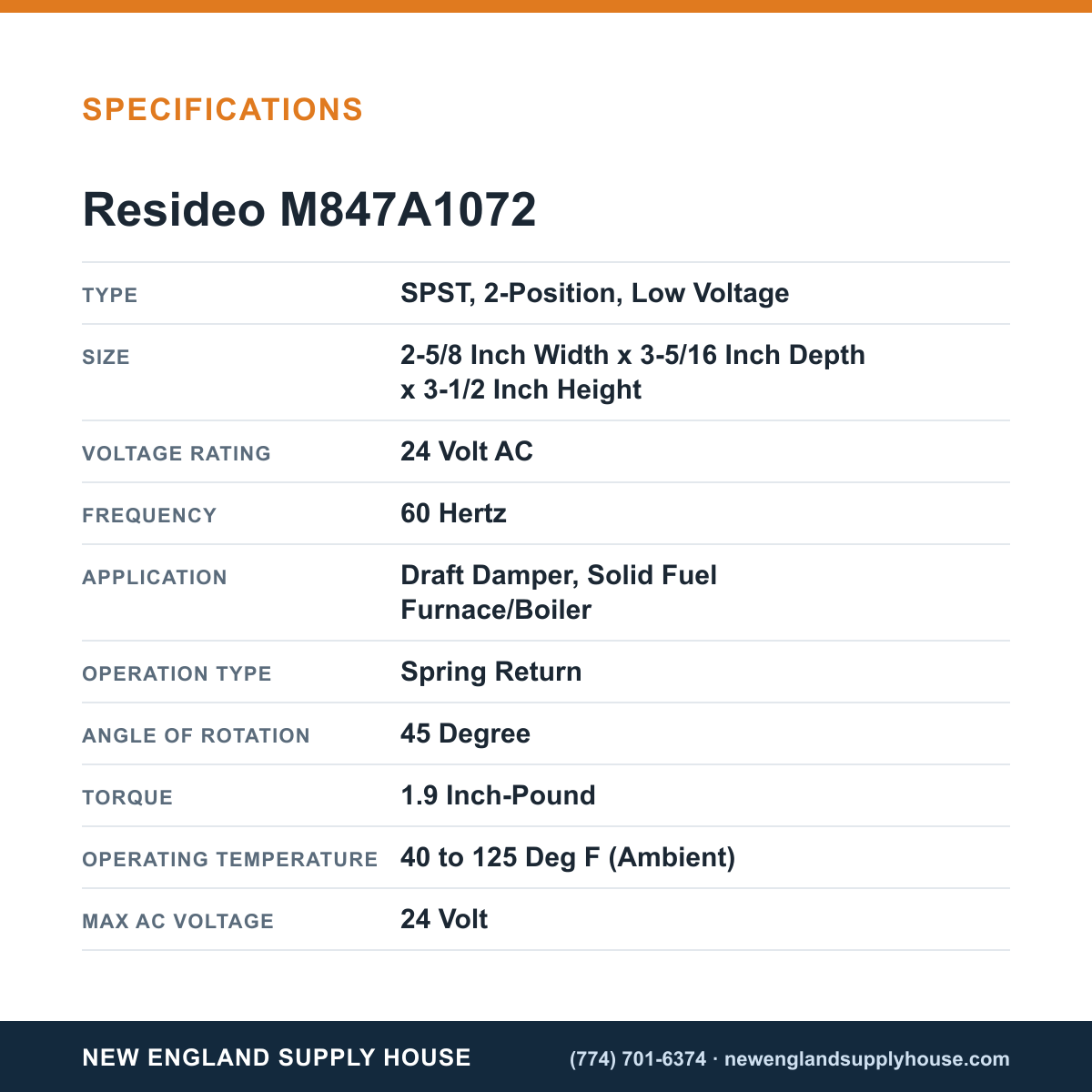 Resideo - Honeywell Home M847A1072 Draft Damper Actuator specifications — New England Supply House [NESH-SPECTABLE-V1]