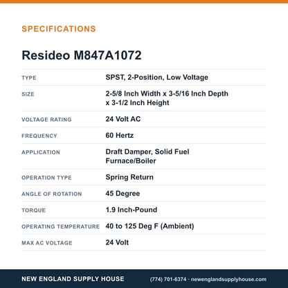 Resideo - Honeywell Home M847A1072 Draft Damper Actuator specifications — New England Supply House [NESH-SPECTABLE-V1]
