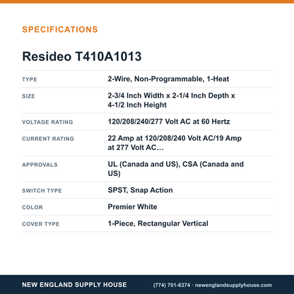 Resideo - Honeywell Home T410A1013 Electric Heat Thermostat specifications — New England Supply House [NESH-SPECTABLE-V1]