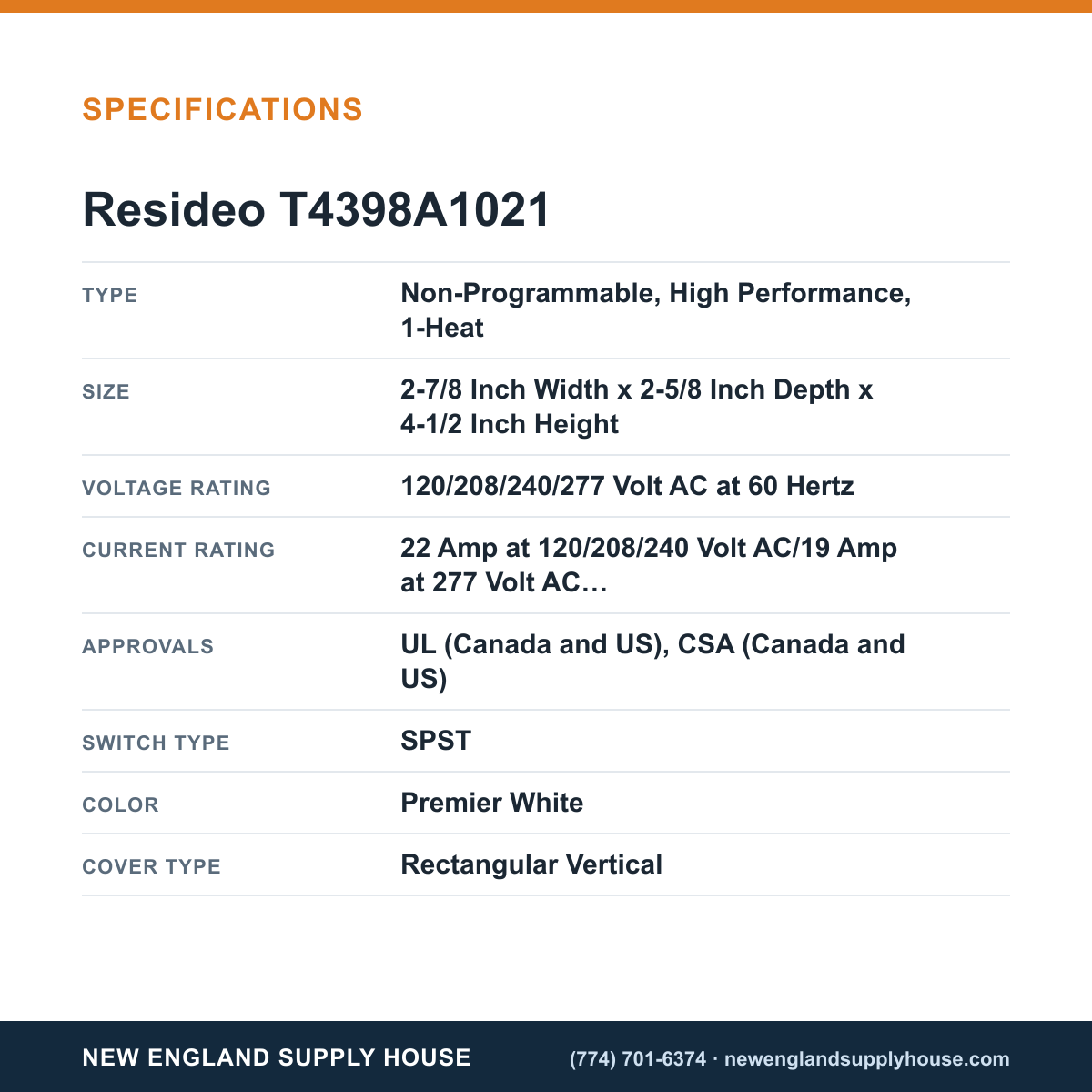 Resideo - Honeywell Home T4398A1021 Electric Heat Thermostat specifications — New England Supply House [NESH-SPECTABLE-V1]