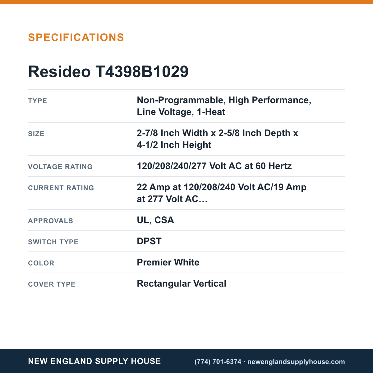 Resideo - Honeywell Home T4398B1029 Electric Heat Thermostat specifications — New England Supply House [NESH-SPECTABLE-V1]