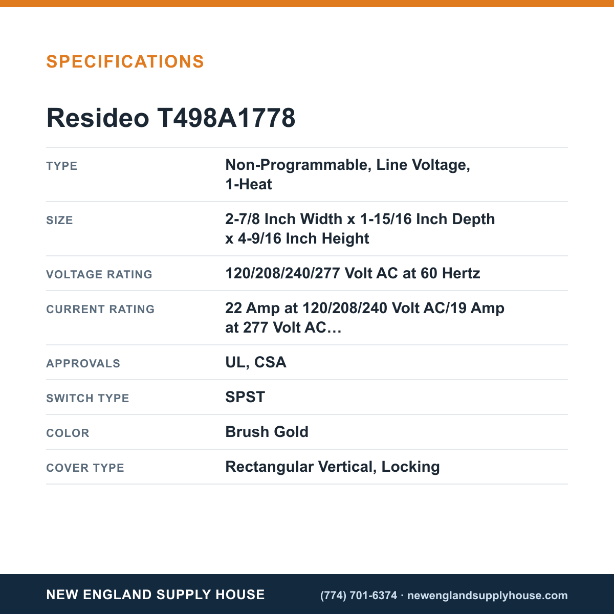 Resideo - Honeywell Home T498A1778 Electric Heat Thermostat specifications — New England Supply House [NESH-SPECTABLE-V1]