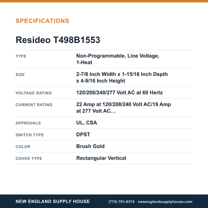 Resideo - Honeywell Home T498B1553 Electric Heat Thermostat specifications — New England Supply House [NESH-SPECTABLE-V1]