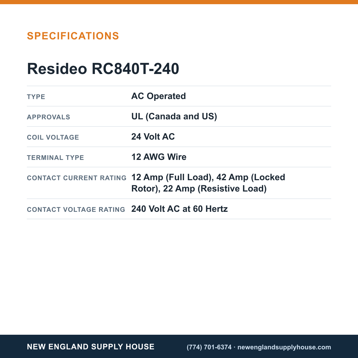 Resideo - Honeywell Home RC840T-240 Electric Heating Relay specifications — New England Supply House [NESH-SPECTABLE-V1]