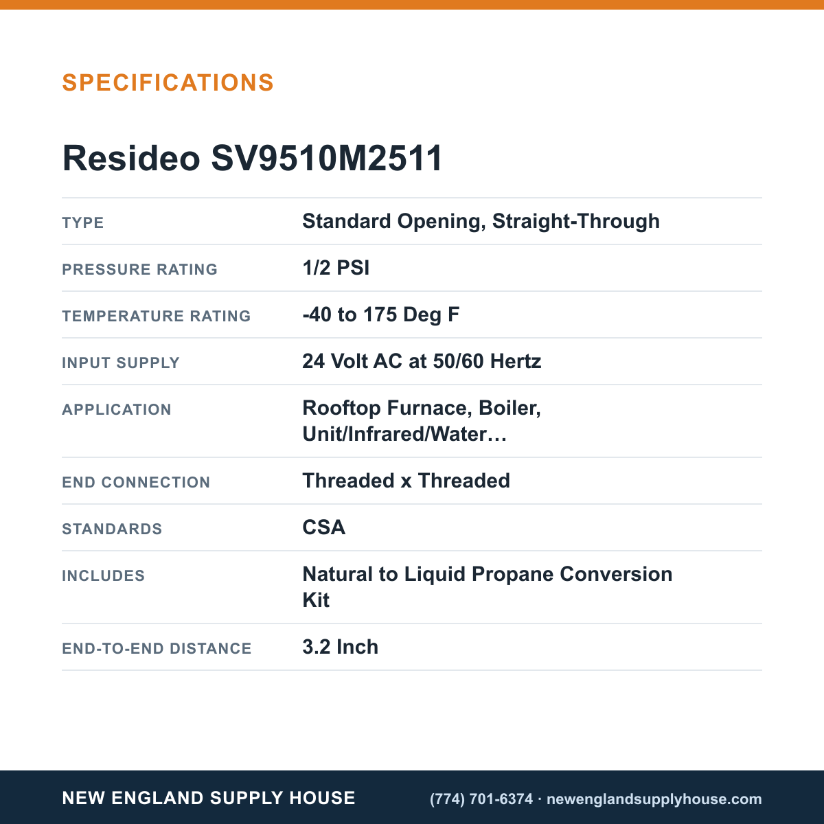 Resideo - Honeywell Home SV9510M2511 Gas Valve specifications — New England Supply House [NESH-SPECTABLE-V1]