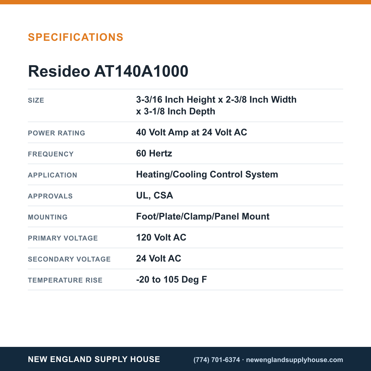Resideo - Honeywell Home AT140A1000 General Purpose Transformer specifications — New England Supply House [NESH-SPECTABLE-V1]