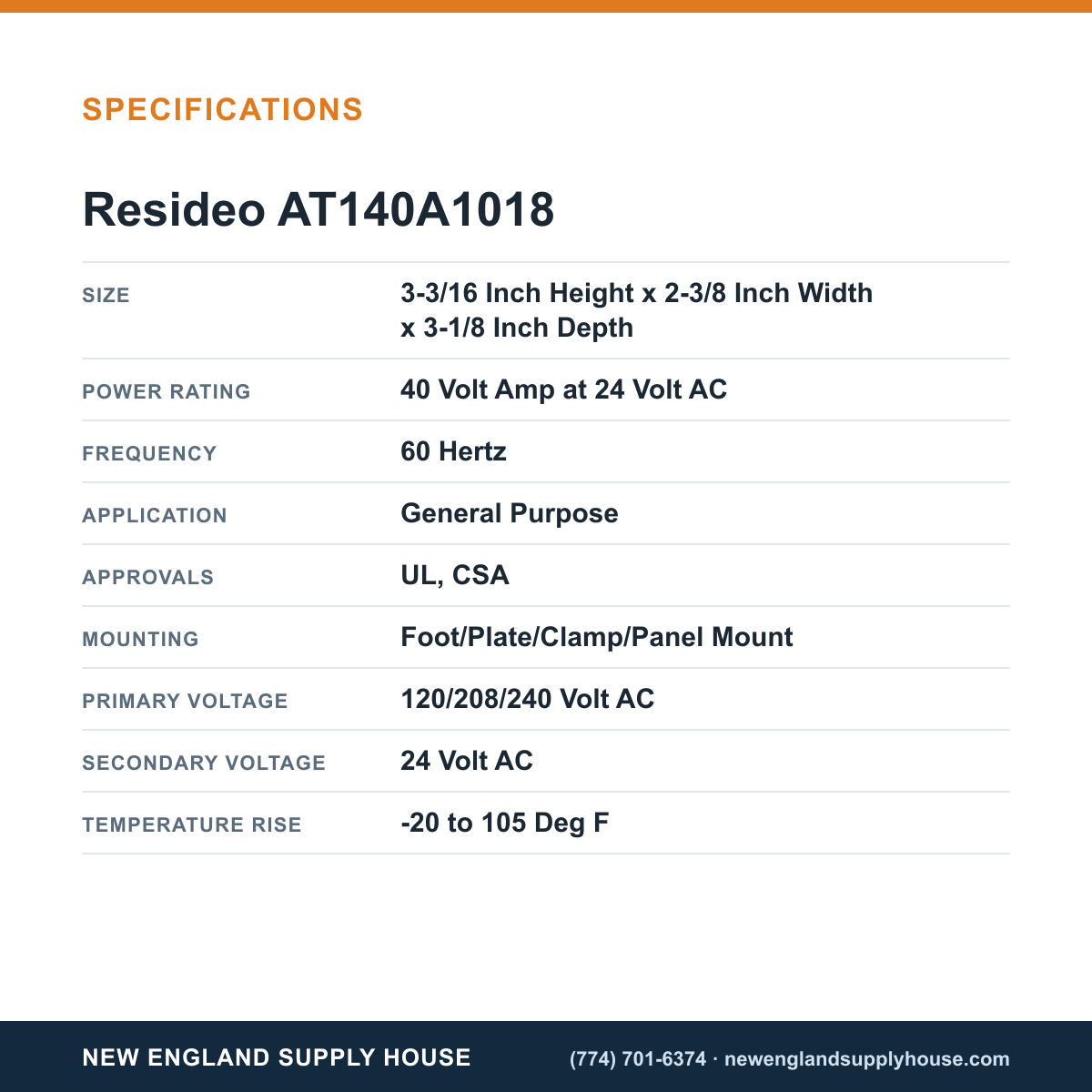 Resideo - Honeywell Home AT140A1018 General Purpose Transformer specifications — New England Supply House [NESH-SPECTABLE-V1]