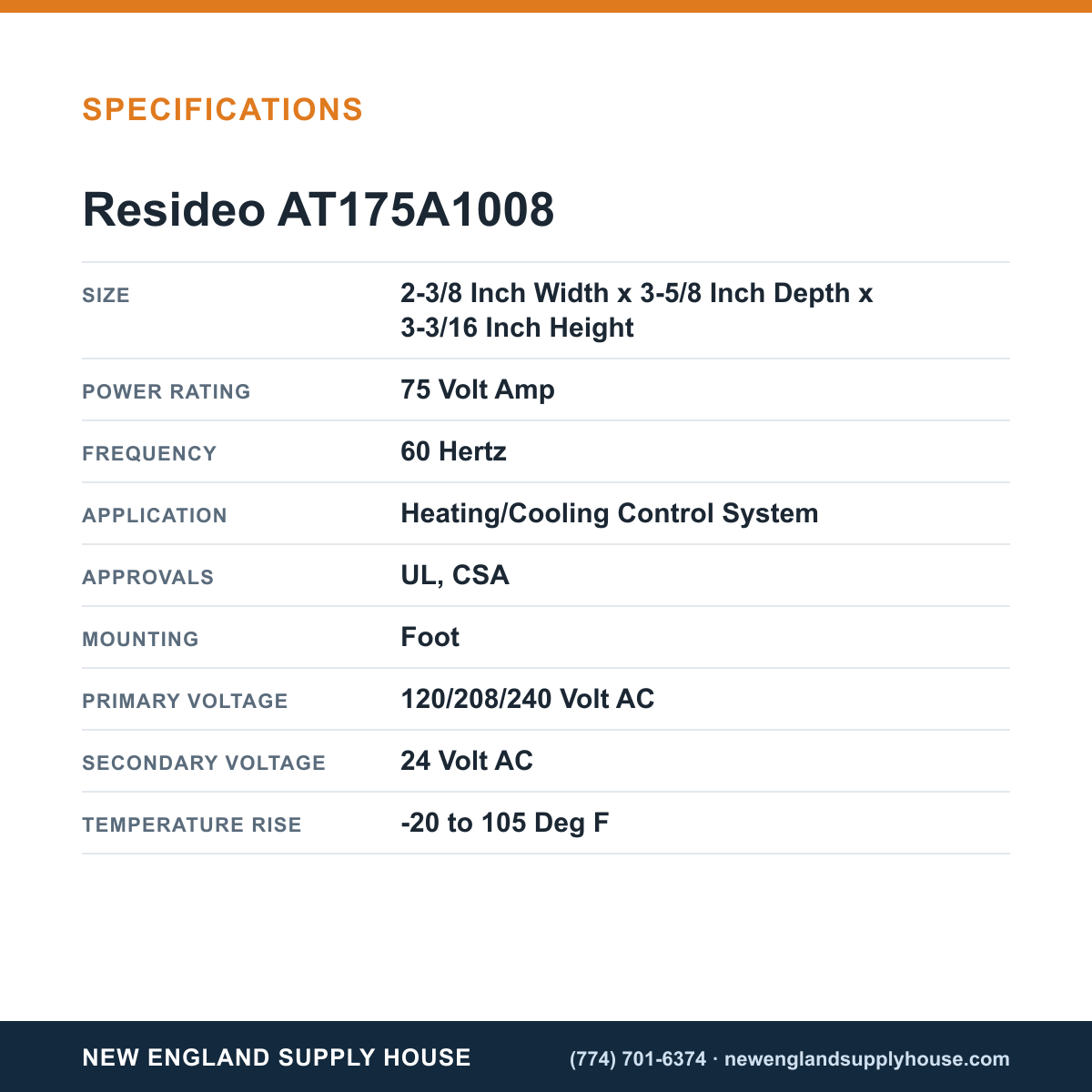 Resideo - Honeywell Home AT175A1008 General Purpose Transformer specifications — New England Supply House [NESH-SPECTABLE-V1]
