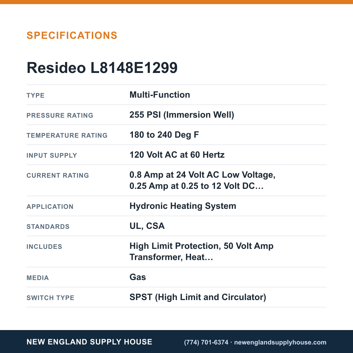 Resideo - Honeywell Home L8148E1299 Hydronic Control Relay specifications — New England Supply House [NESH-SPECTABLE-V1]
