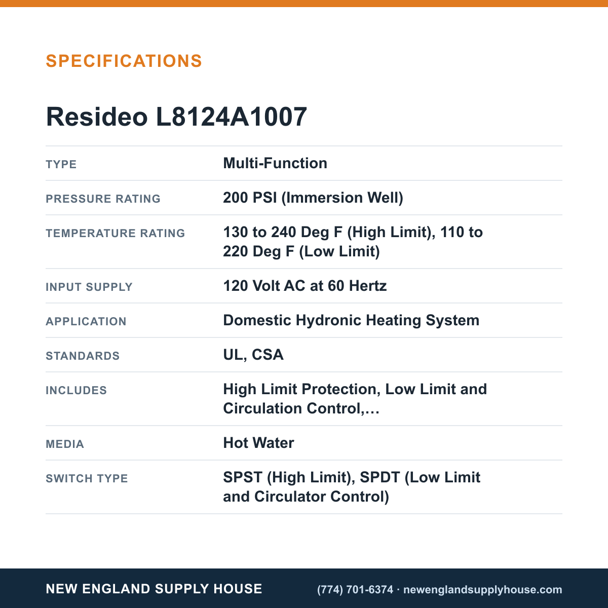 Resideo - Honeywell Home L8124A1007 Hydronic Control Relay specifications — New England Supply House [NESH-SPECTABLE-V1]