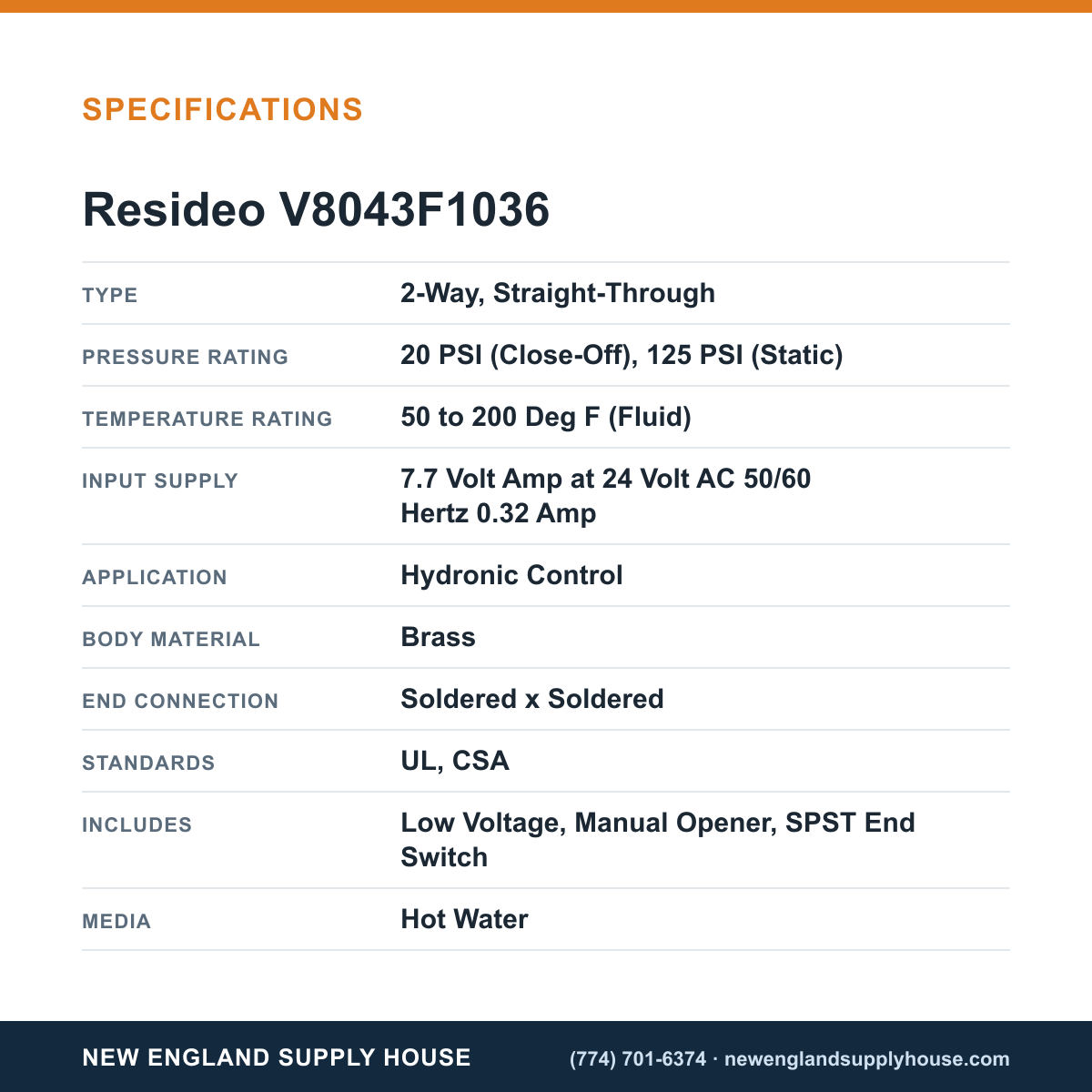 Resideo - Honeywell Home V8043F1036 Motorized Zone Valve specifications — New England Supply House [NESH-SPECTABLE-V1]