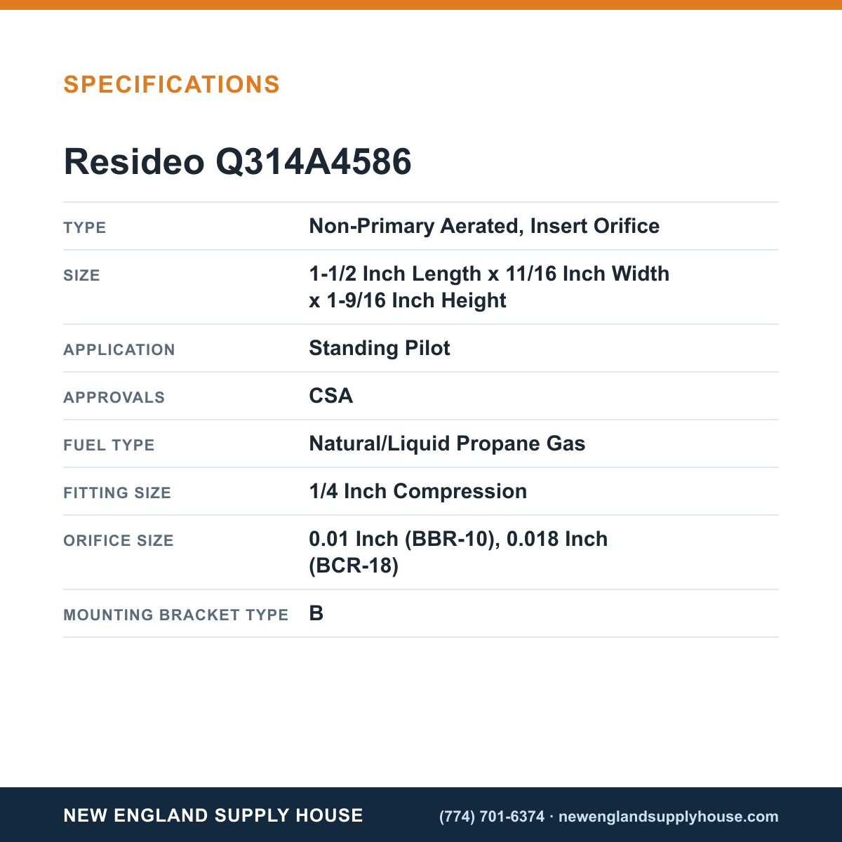 Resideo - Honeywell Home Q314A4586 Pilot Burner specifications — New England Supply House [NESH-SPECTABLE-V1]