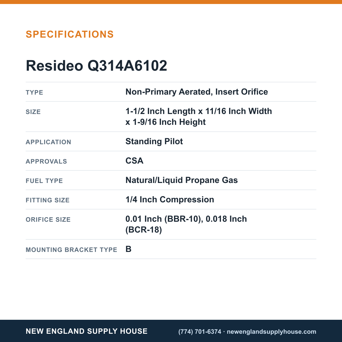 Resideo - Honeywell Home Q314A6102 Pilot Burner specifications — New England Supply House [NESH-SPECTABLE-V1]