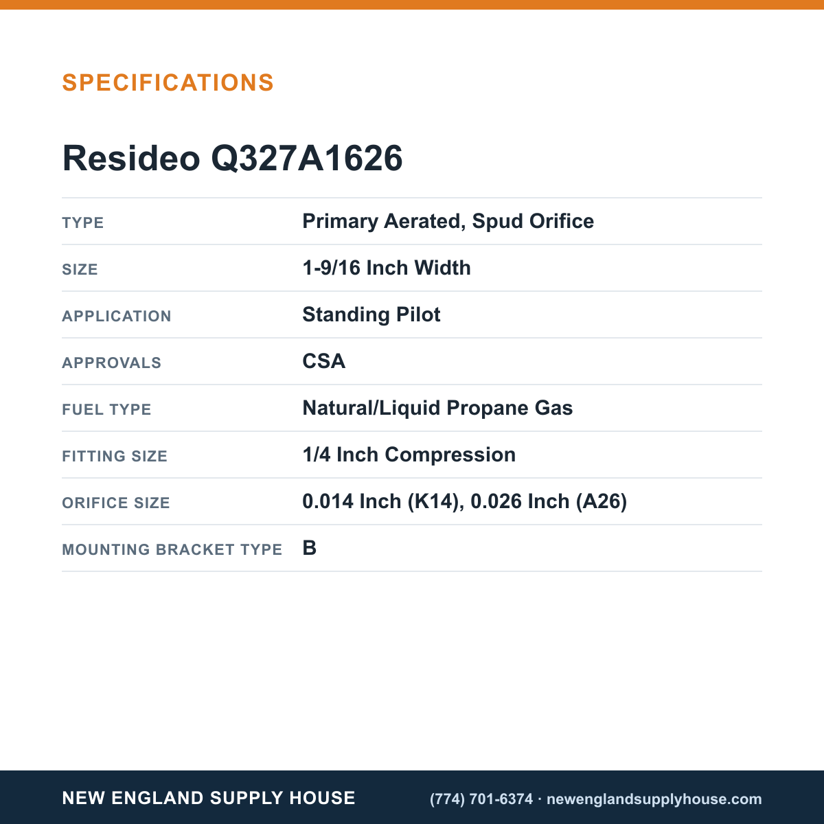 Resideo - Honeywell Home Q327A1626 Pilot Burner specifications — New England Supply House [NESH-SPECTABLE-V1]