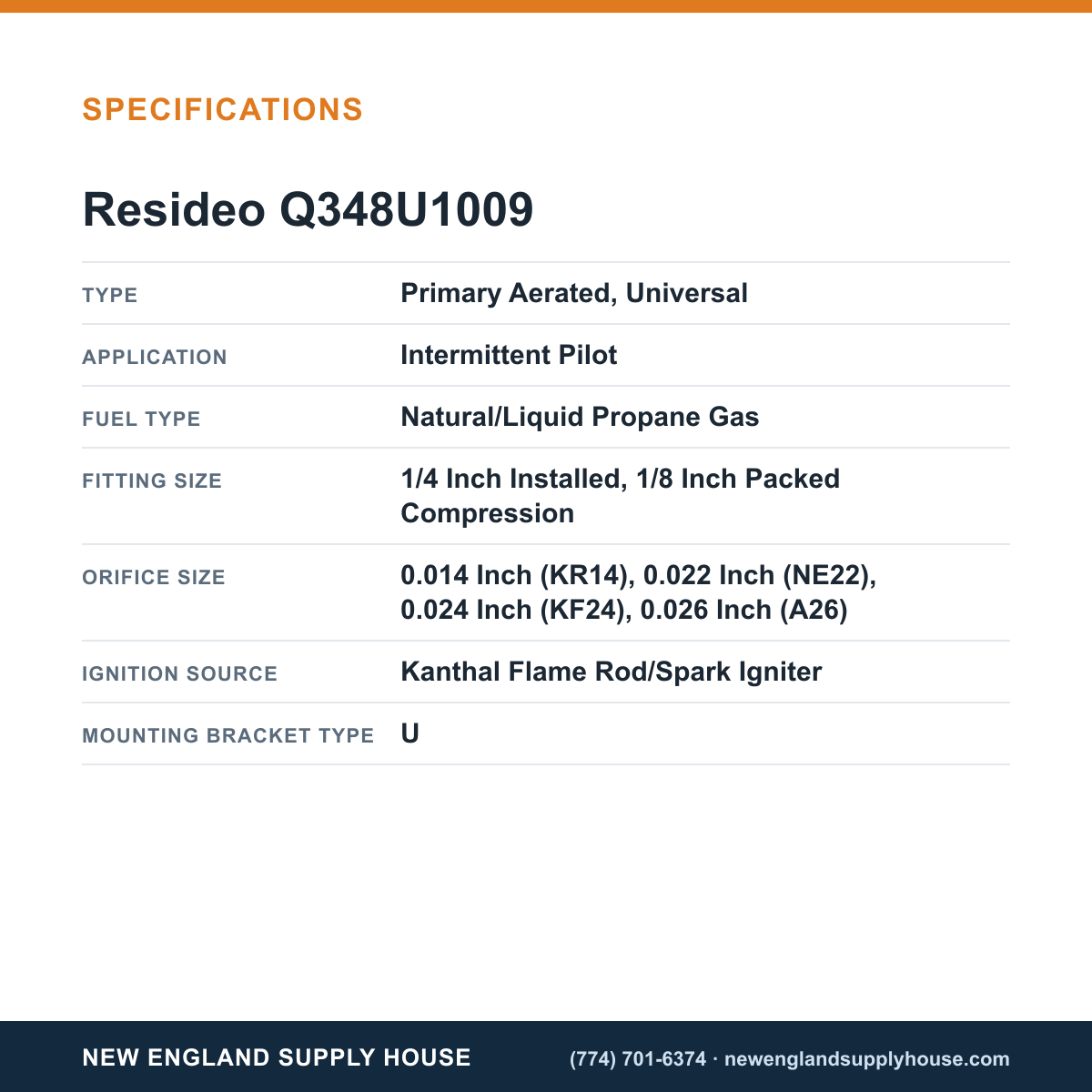 Resideo - Honeywell Home Q348U1009 Pilot Burner specifications — New England Supply House [NESH-SPECTABLE-V1]