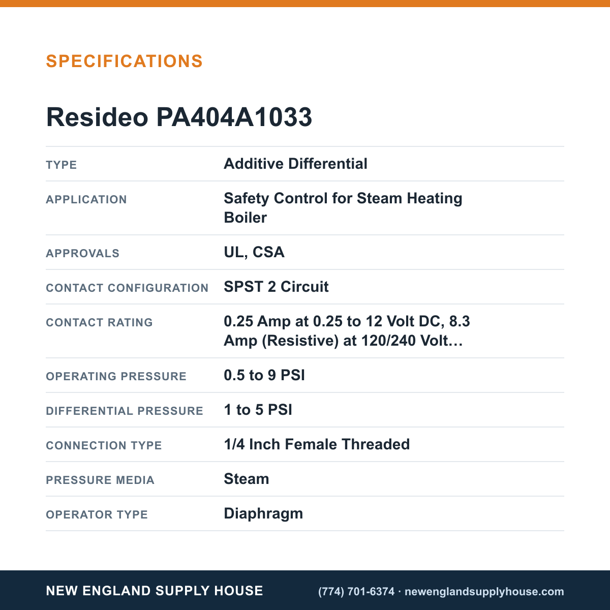 Resideo - Honeywell Home PA404A1033 Pressure Controller specifications — New England Supply House [NESH-SPECTABLE-V1]