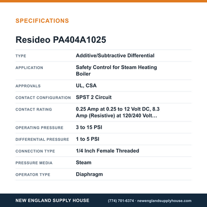 Resideo - Honeywell Home PA404A1025 Pressure Controller specifications — New England Supply House [NESH-SPECTABLE-V1]