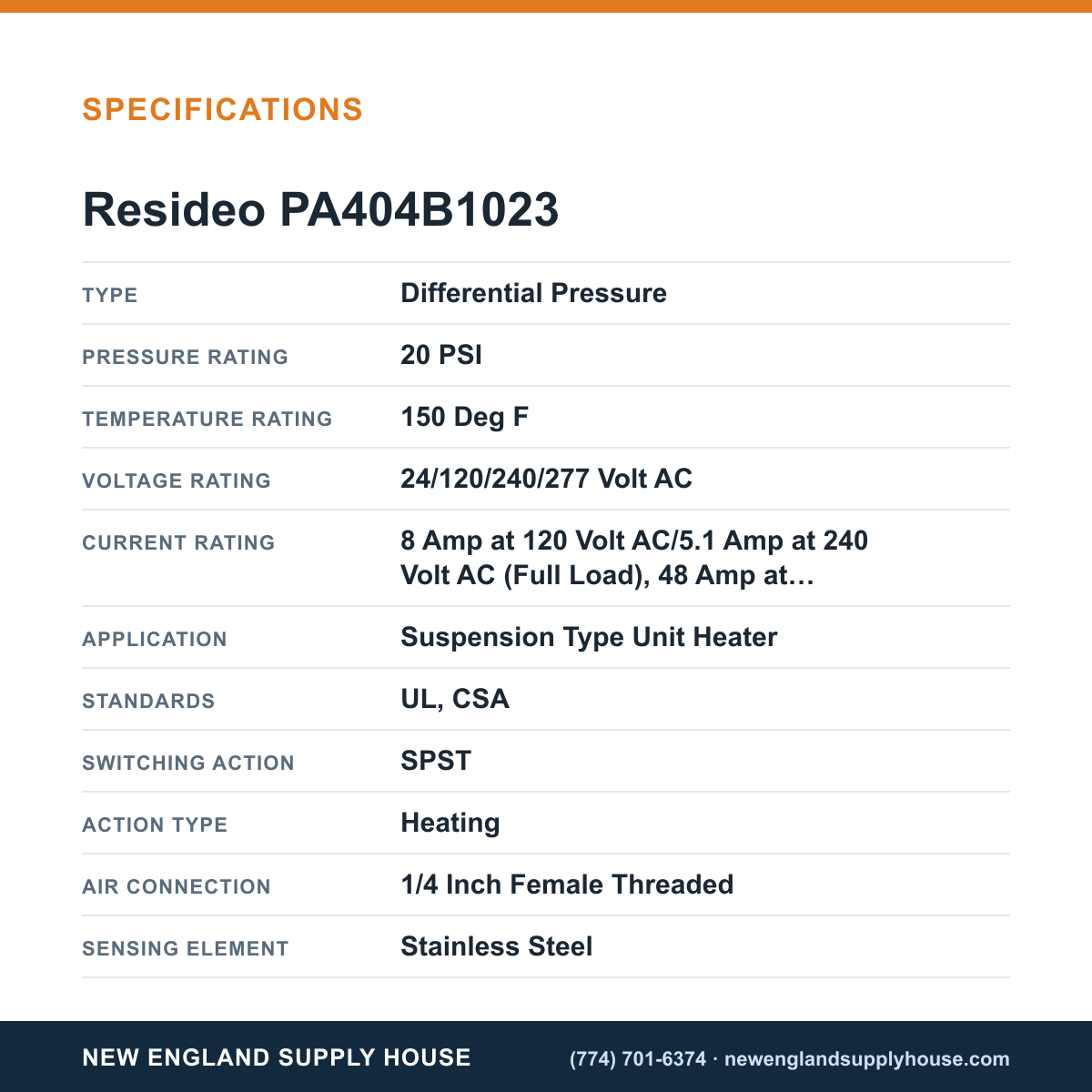 Resideo - Honeywell Home PA404B1023 Pressuretrol Controller specifications — New England Supply House [NESH-SPECTABLE-V1]