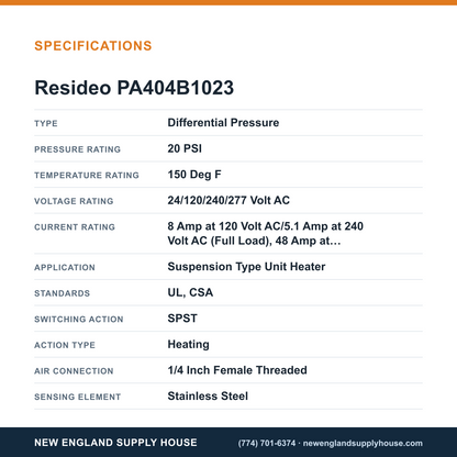 Resideo - Honeywell Home PA404B1023 Pressuretrol Controller specifications — New England Supply House [NESH-SPECTABLE-V1]