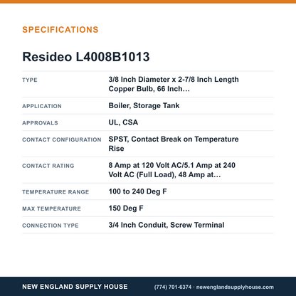 Resideo - Honeywell Home L4008B1013 Remote Bulb Aquastat Controller specifications — New England Supply House [NESH-SPECTABLE-V1]