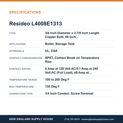 Resideo - Honeywell Home L4008E1313 Remote Bulb Aquastat Controller specifications — New England Supply House [NESH-SPECTABLE-V1]
