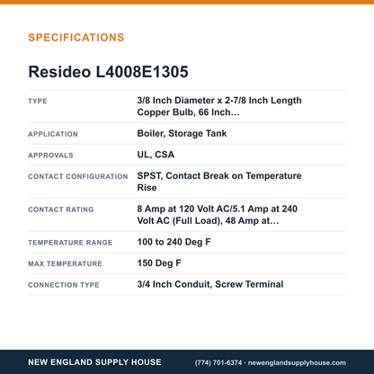 Resideo - Honeywell Home L4008E1305 Remote Bulb Aquastat Controller specifications — New England Supply House [NESH-SPECTABLE-V1]