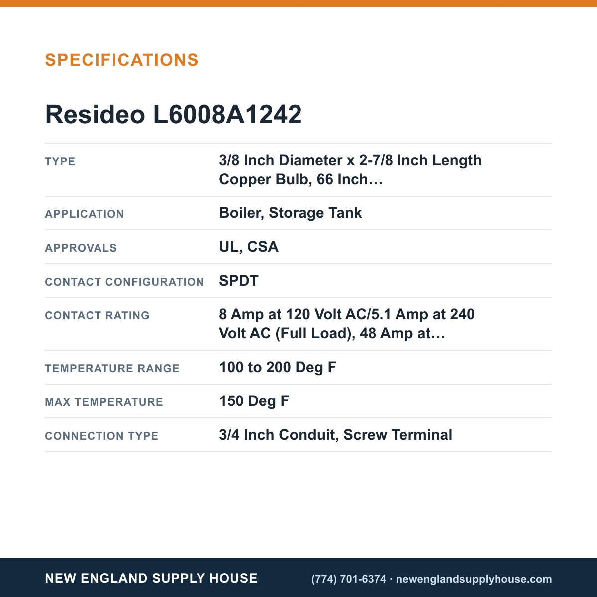 Resideo - Honeywell Home L6008A1242 Remote Bulb Aquastat Controller specifications — New England Supply House [NESH-SPECTABLE-V1]