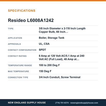 Resideo - Honeywell Home L6008A1242 Remote Bulb Aquastat Controller specifications — New England Supply House [NESH-SPECTABLE-V1]