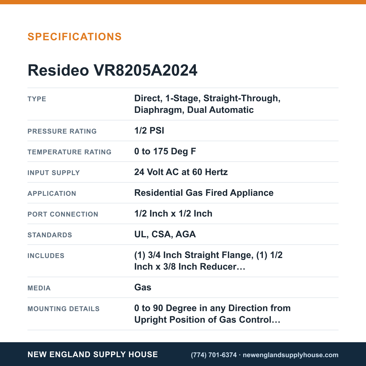 Resideo - Honeywell Home VR8205A2024 Solenoid Gas Valve specifications — New England Supply House [NESH-SPECTABLE-V1]
