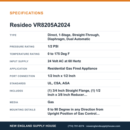 Resideo - Honeywell Home VR8205A2024 Solenoid Gas Valve specifications — New England Supply House [NESH-SPECTABLE-V1]