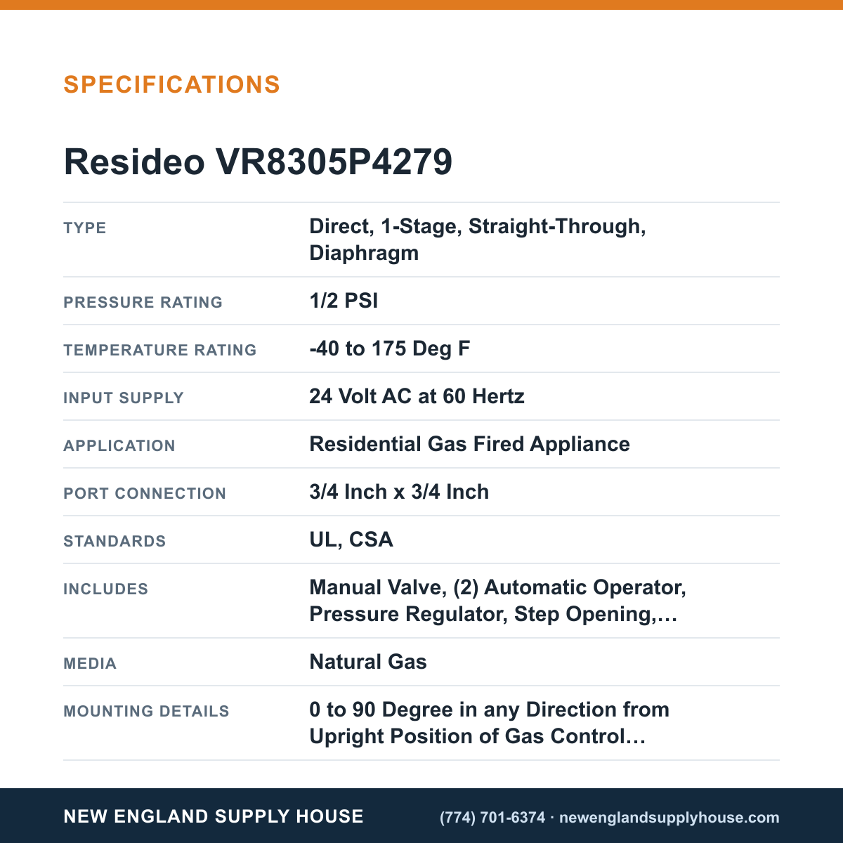 Resideo - Honeywell Home VR8305P4279 Solenoid Gas Valve specifications — New England Supply House [NESH-SPECTABLE-V1]