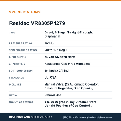 Resideo - Honeywell Home VR8305P4279 Solenoid Gas Valve specifications — New England Supply House [NESH-SPECTABLE-V1]