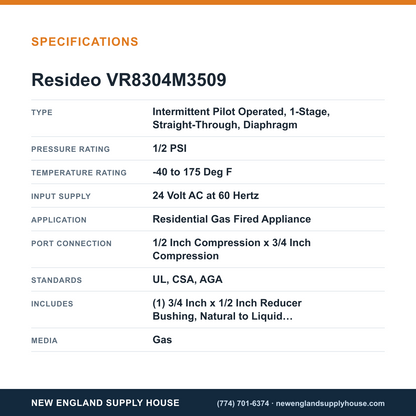 Resideo - Honeywell Home VR8304M3509 Solenoid Gas Valve specifications — New England Supply House [NESH-SPECTABLE-V1]