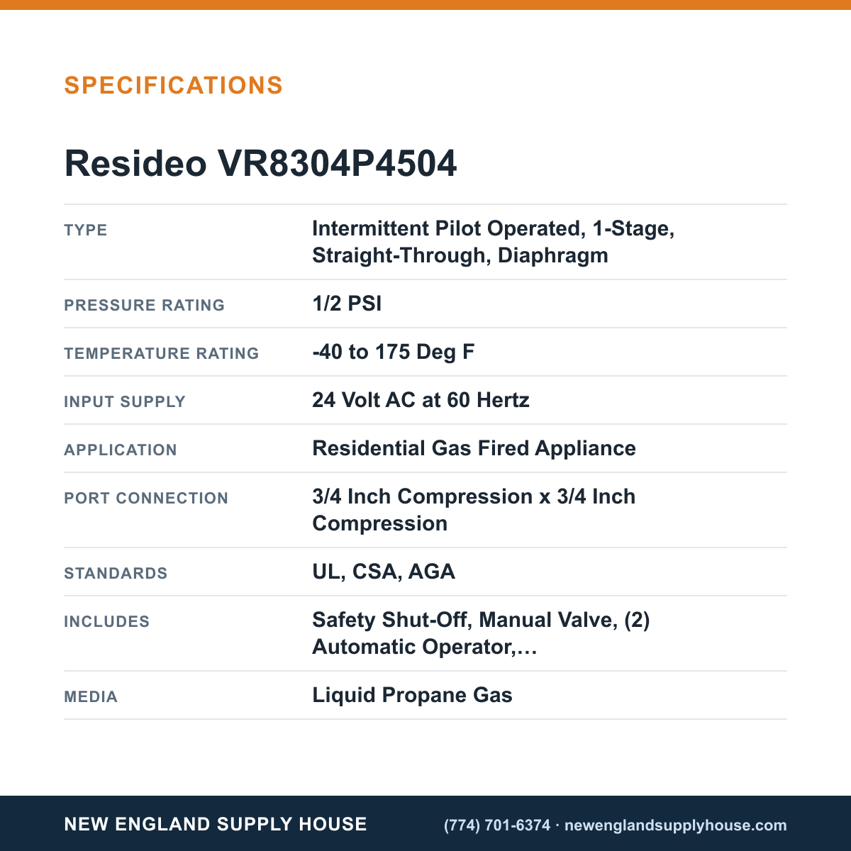 Resideo - Honeywell Home VR8304P4504 Solenoid Gas Valve specifications — New England Supply House [NESH-SPECTABLE-V1]