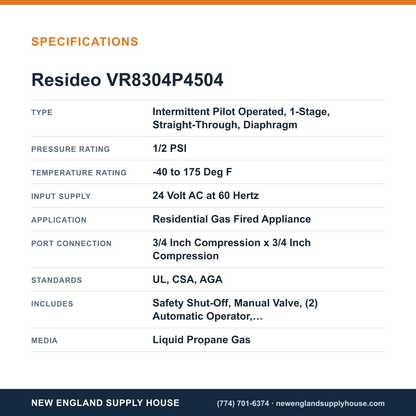 Resideo - Honeywell Home VR8304P4504 Solenoid Gas Valve specifications — New England Supply House [NESH-SPECTABLE-V1]